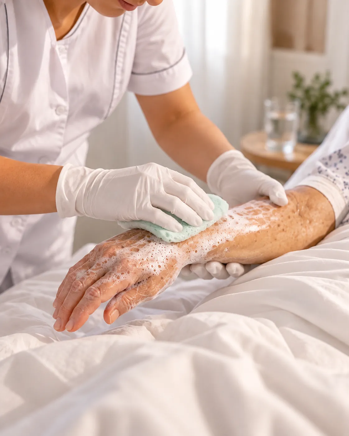 Болногледач измива лежащо болна жена със сапунена гъба Soapy Sponge за еднократна употреба